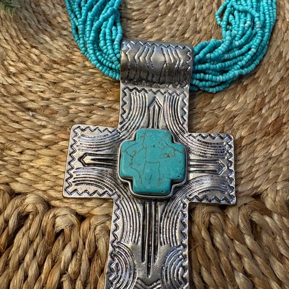 Turquoise Beaded Silver Cross Necklace - Picture 2 of 11